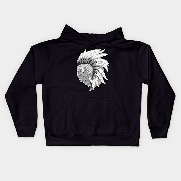 Buffalo head with indian headdress Kids Hoodie by TMBTM